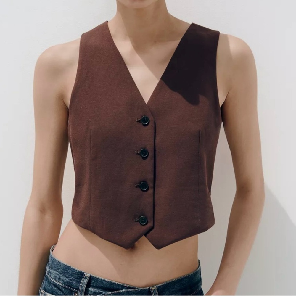 Zara Brown Button-Up Crop Vest set